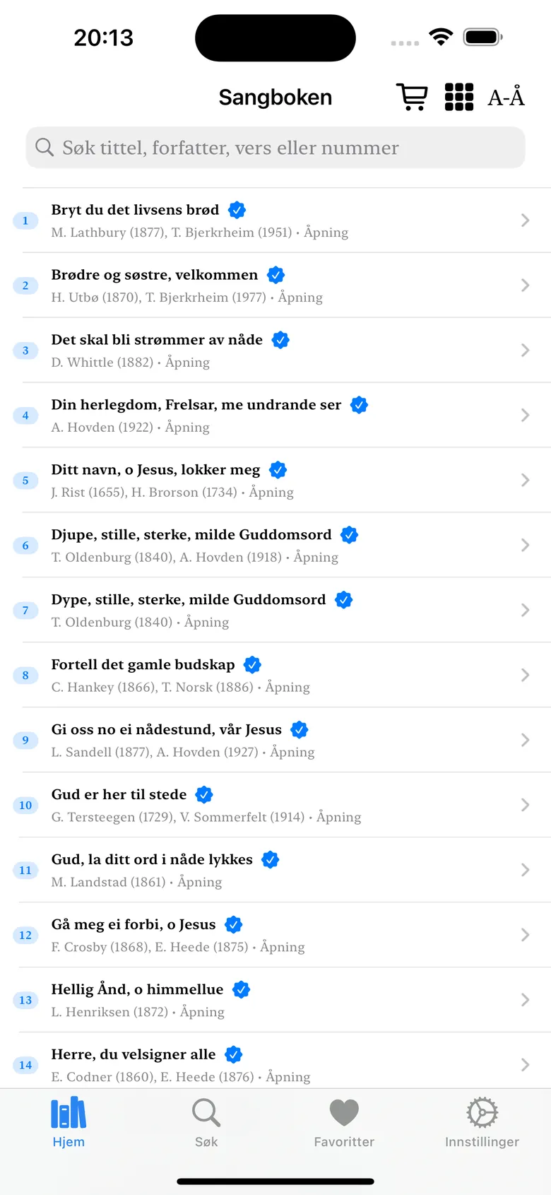 Skjermbilde fra appen: Sangene