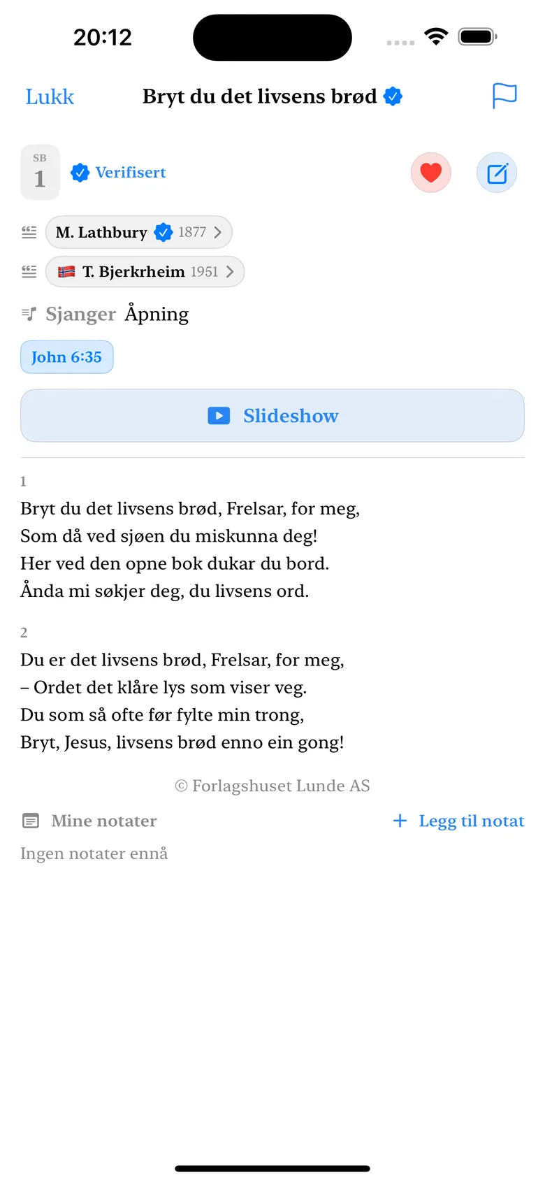 Skjermbilde fra appen: En sang