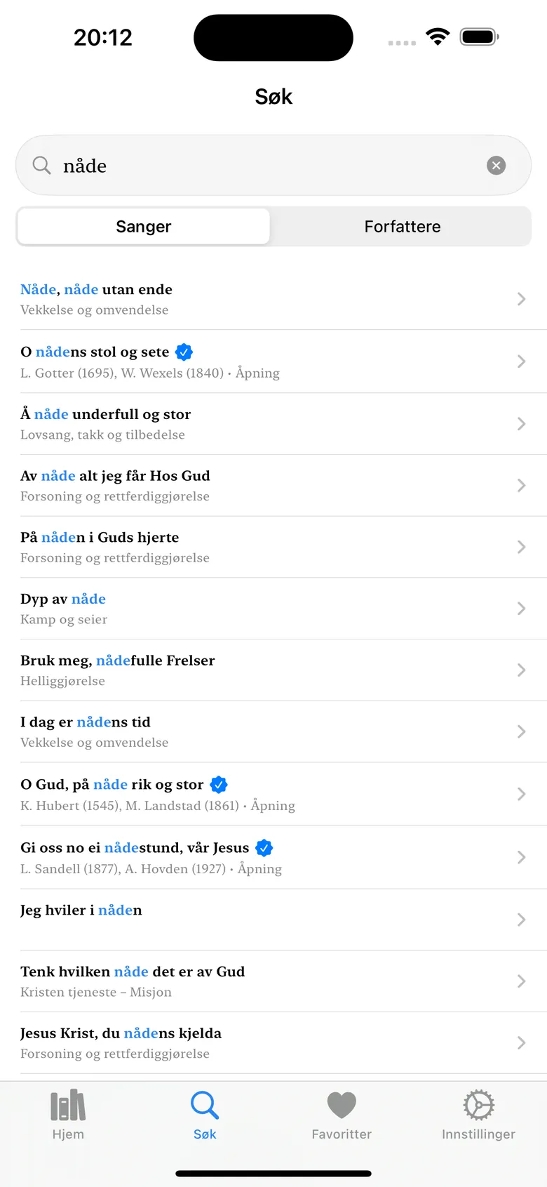 Skjermbilde fra appen: Søk